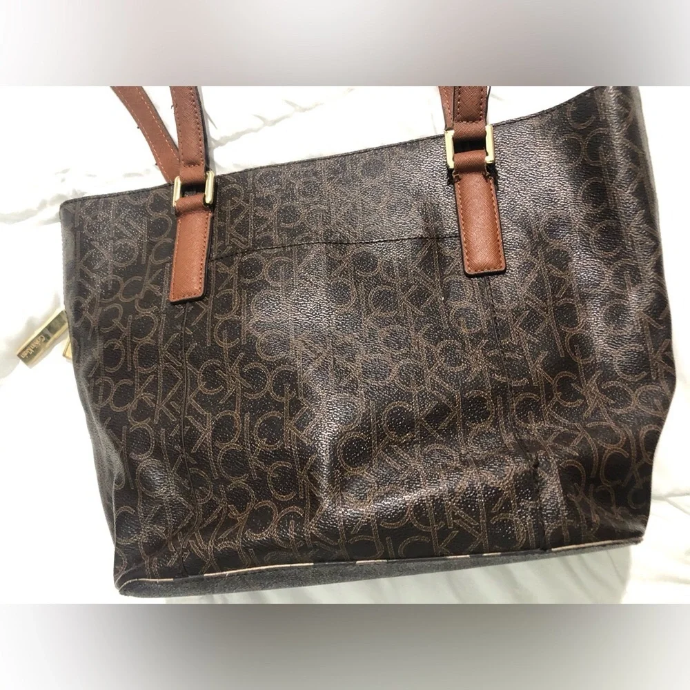 Calvin Klein Dark Brown Monogram Tote with Dual Straps